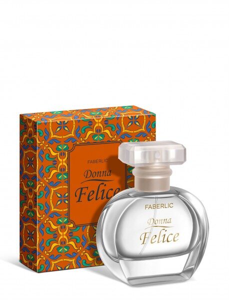 Купить Прозрачный флакон Faberlic Donna Felice стоит рядом с оранжевой декоративной коробкой на белом фоне. из каталога Фаберлик.
