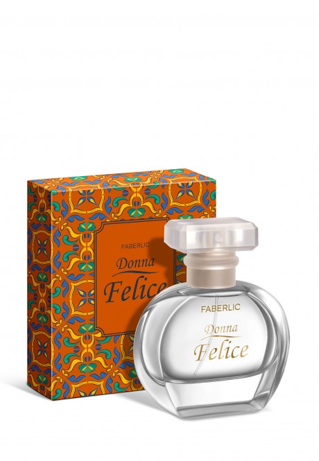 Купить Faberlic Donna Felice, парфюмерный флакон с декоративной коробкой Фаберлик Россия. Купить Прозрачный флакон Faberlic Donna Felice стоит рядом с оранжевой декоративной коробкой на белом фоне. из каталога Фаберлик.