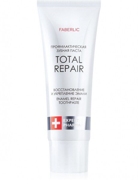Купить Белый тюбик Faberlic Total Repair с надписью Enamel Repair Toothpaste и отметкой Expert Pharma на минималистичном фоне. из каталога Фаберлик.