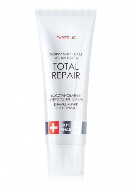 Купить Faberlic Total Repair, профилактическая зубная паста для восстановления эмали Фаберлик Россия. Купить Белый тюбик Faberlic Total Repair с надписью Enamel Repair Toothpaste и отметкой Expert Pharma на минималистичном фоне. из каталога Фаберлик.