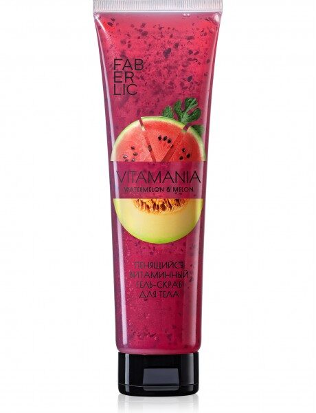 Купить Vitamania Watermelon & Melon гель-скраб для тела от FABERLIC, ярко-розовый тюбик с изображением арбуза и дыни, текст на упаковке, гелевая текстура из каталога Фаберлик.