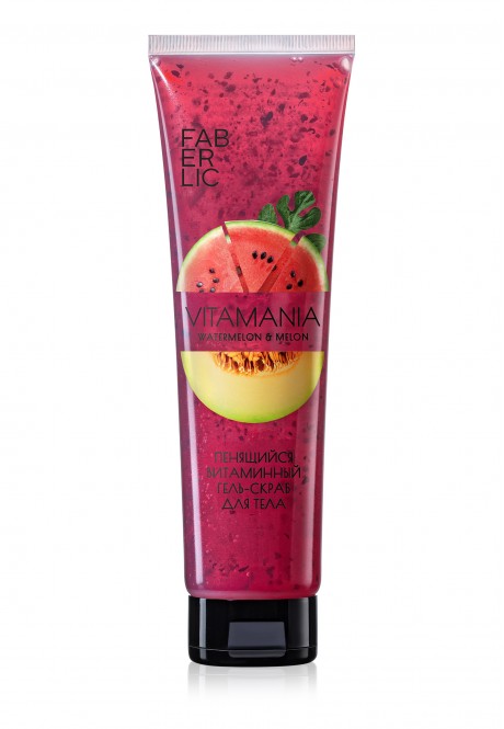 Купить Vitamania Watermelon & Melon гель-скраб для тела от FABERLIC — ярко-розовый тюбик с ароматной смесью арбуза и дыни Фаберлик Россия. Купить Vitamania Watermelon & Melon гель-скраб для тела от FABERLIC, ярко-розовый тюбик с изображением арбуза и дыни, текст на упаковке, гелевая текстура из каталога Фаберлик.