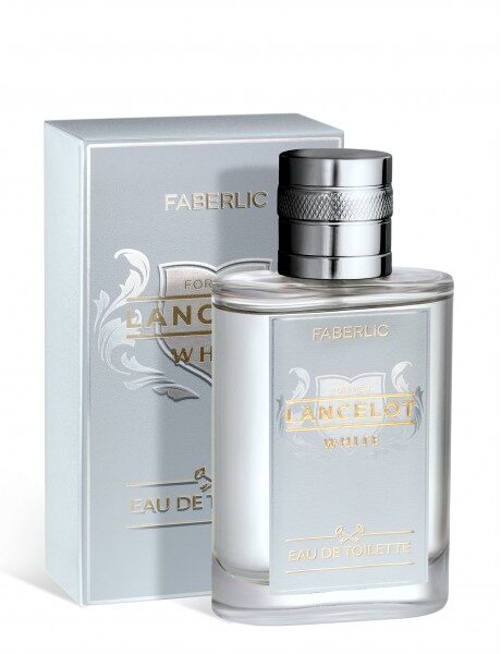 Купить Faberlic Lancelot White Eau de Toilette в прозрачной стеклянной бутылке с серебристой крышкой и светло-серебристой упаковкой, декоративная надпись Faberlic из каталога Фаберлик.