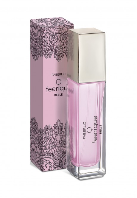 Купить Faberlic Feeriq Belle, парфюмерная вода, розовый фиолетовый флакон и коробка Фаберлик Россия. Купить Парфюмерная вода Faberlic Feeriq Belle: розово-фиолетовый флакон с прозрачным стеклом и белой крышкой, рядом фирменная коробка с логотипом. из каталога Фаберлик.