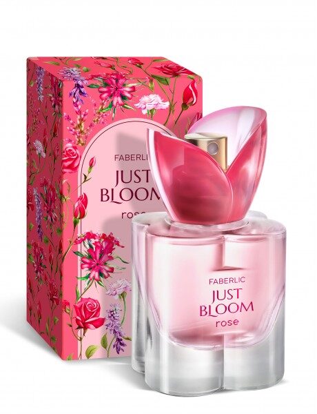 Купить Парфюм Faberlic Just Bloom rose: розовый флакон с полупрозрачной стеклянной формой, цветочный принт на коробке с надписью Just Bloom. из каталога Фаберлик.