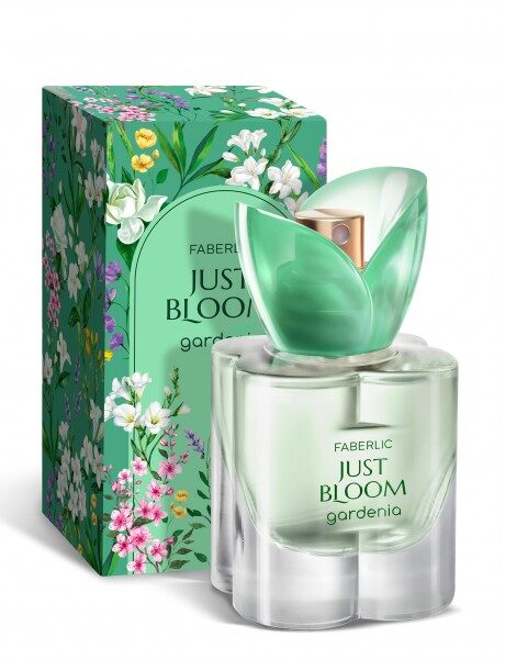 Купить Faberlic Just Bloom Gardenia: зелёный флакон с цветочным принтом на коробке, надписи Just Bloom и gardenia на бело-фиолетовом фоне из каталога Фаберлик.