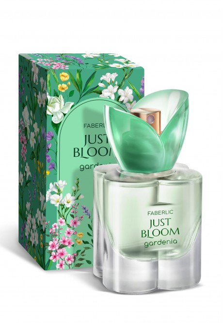 Купить Faberlic Just Bloom Gardenia: зелёный флакон с цветочным принтом на коробке, надписи Just Bloom и gardenia на бело-фиолетовом фоне из каталога Фаберлик.