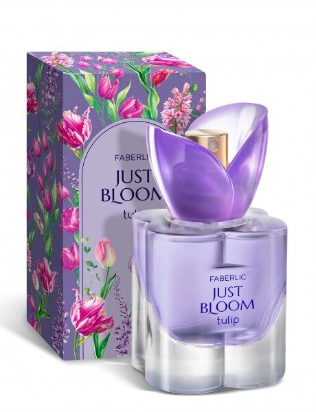 Купить Парфюм Faberlic Just Bloom tulip: фиолетовый флакон с розово-цветочным дизайном, надписи Faberlic и Just Bloom на упаковке и этикетке из каталога Фаберлик.