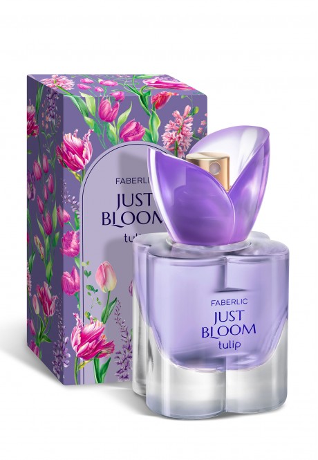 Купить Парфюм Faberlic Just Bloom tulip: фиолетовый флакон с розово-цветочным дизайном, надписи Faberlic и Just Bloom на упаковке и этикетке из каталога Фаберлик.