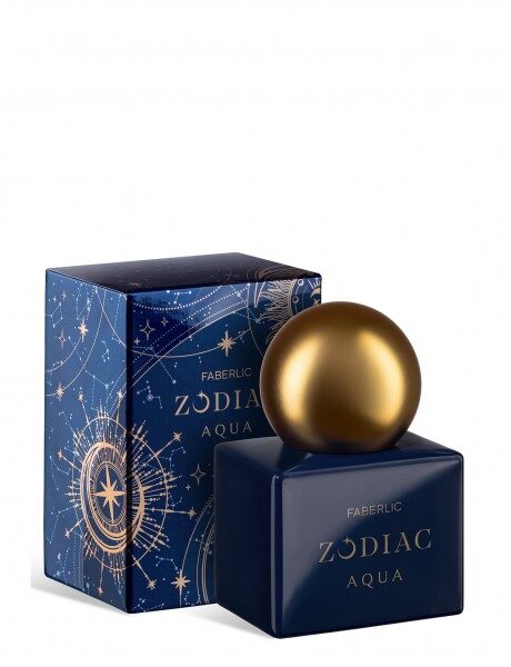 Купить Тёмно-синие коробки Faberlic ZODIAC AQUA с графикой созвездий и золотым шаром на фоне, акцент на название бренда и серии. из каталога Фаберлик.