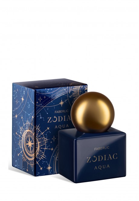 Купить Тёмно-синие коробки Faberlic ZODIAC AQUA с графикой созвездий и золотым шаром на фоне, акцент на название бренда и серии. из каталога Фаберлик.