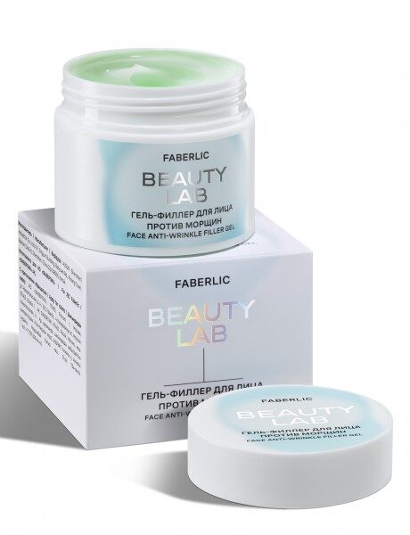 Купить Faberlic BEAUTY LAB гель‑филлер для лица против морщин в белой банке с зеленым оттенком, рядом коробка с текстом FACE ANTI‑WRINKLE. из каталога Фаберлик.