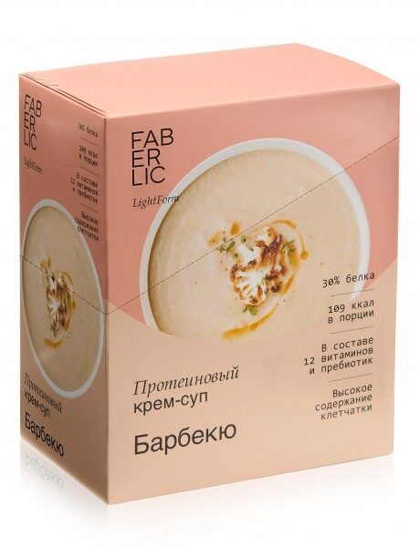 Купить На розовой упаковке Faberlic Light Formula представлен протеиновый крем-суп «Барбекю» с указанием 30% белка, 109 ккал и 12 витаминов. из каталога Фаберлик.