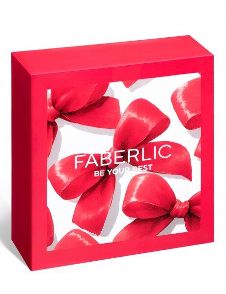 Купить Коробка с яркими красными бантиками на белом фоне, с надписью 'Faberlic Be Your Best'. из каталога Фаберлик.