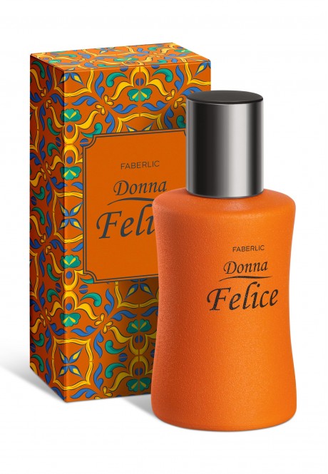 Купить Флакон Faberlic Donna Felice с черной крышкой стоит перед оранжевой коробкой с ярким орнаментом и названием аромата на белом фоне. из каталога Фаберлик.